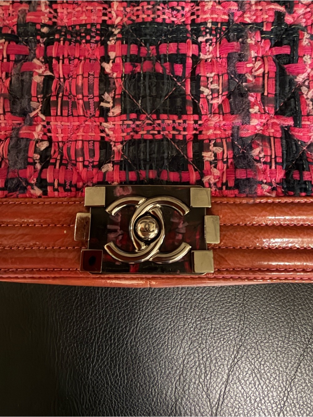 CHANEL Pink Tweed & Brown Leather Boy Bag with Silver Hardware - Picture 11 of 11